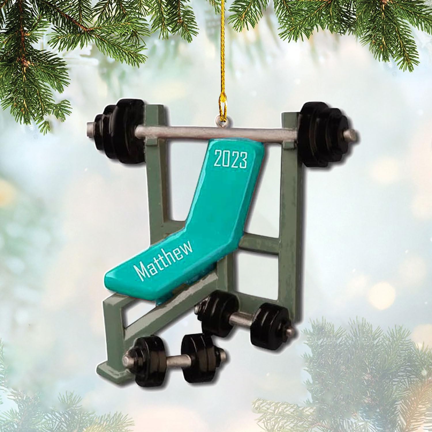 HomeDesign Personalized Dumbbell Ornament, Fitness Gift for Gym Workout Trainer Coach Instructor, Barbell Weight Plates Custom Ornament for Weightlifter, Weightlifting Ornament (D12)