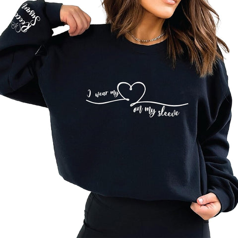 AOVL Personalized Embossed I Wear My Heart On My Sleeve Sweatshirt, Custom Mama Sweatshirt With Name On Sleeve, Gift For Mom