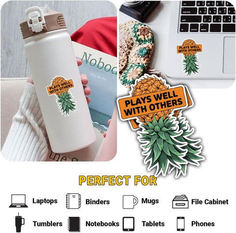 3 Pcs Plays Well with Others Sticker, Upside Down Pineapple Stickers, Aloha Pineapple Vinyl Stickers 3 Inches for Water Bottle, Laptop, Phone, Car, Helmet