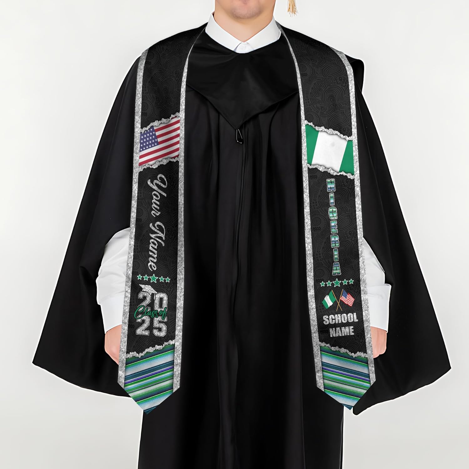 Pretyprints Custom Nigerian Graduation Sash, Nigeria Graduation Stole Customize, Nigerian American Flag Graduation Sash 2025