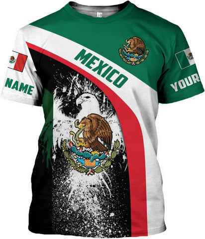 Personalized Name Eagle Mexico Mexican US Flag Unisex 3D All Over Printed Sportwear, T Shirt for Men Women Adult Full Size S-5XL TS07