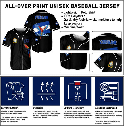 AOVL Personalized Honduras Baseball Jersey Shirt, Honduras Jersey for Men and Women, Jersey Honduras, Camisa Honduras Hombre