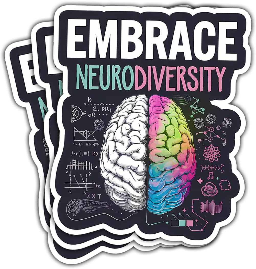 3 Pcs Embrace Neurodiversity Sticker, Neurodiversity Month Sticker Brain, Mental Health Awareness 3" Sticker Die-Cut Waterproof for Laptop Water Bottle Phone Helmet Kindles Tumbler