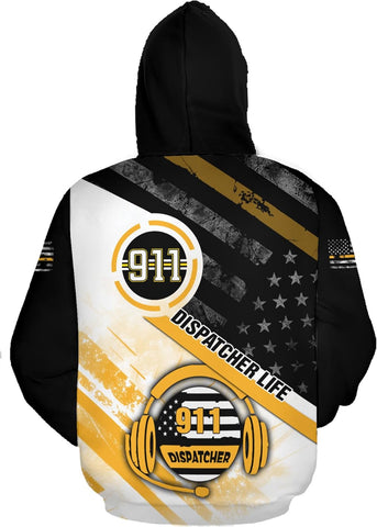 Leeprints Personalized 911 Dispatcher 3D Hoodie, Custom Sweatshirt, Thin Gold Line Flag 3D Zip Shirt