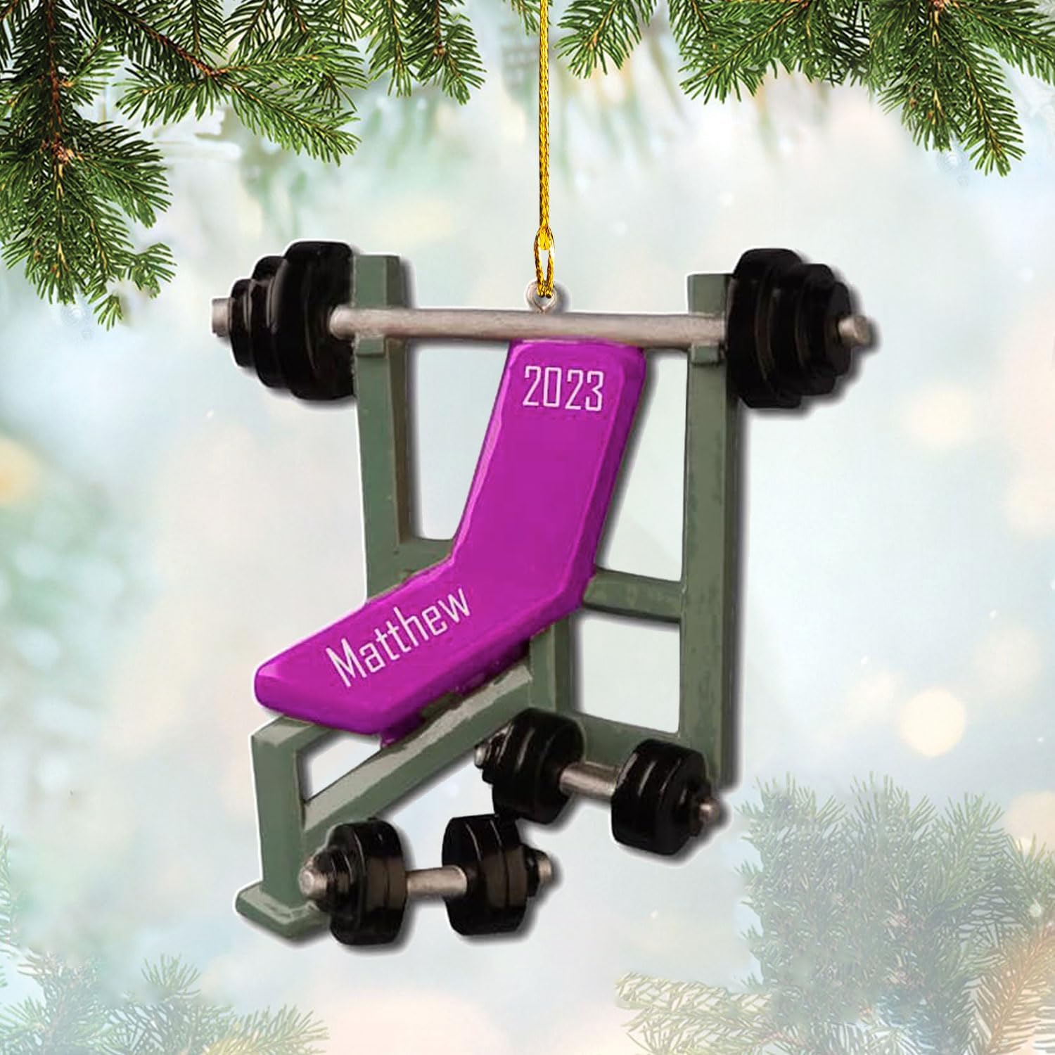 HomeDesign Personalized Dumbbell Ornament, Fitness Gift for Gym Workout Trainer Coach Instructor, Barbell Weight Plates Custom Ornament for Weightlifter, Weightlifting Ornament (D12)