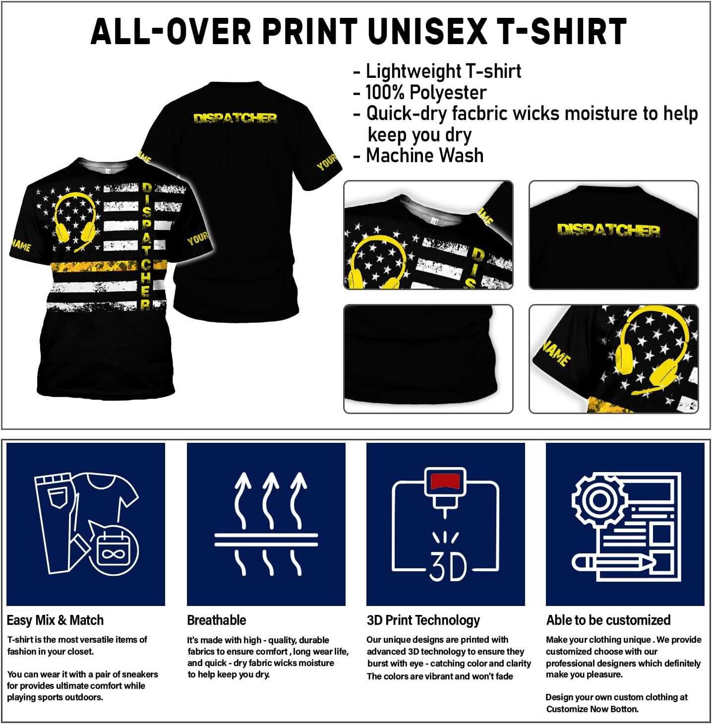 Personalized 911 Dispatcher 3D Shirt, Custom Dispatcher 3D T-Shirt, Thin Gold Line Flag 3D Shirts, Dispatcher Hoodie for Men