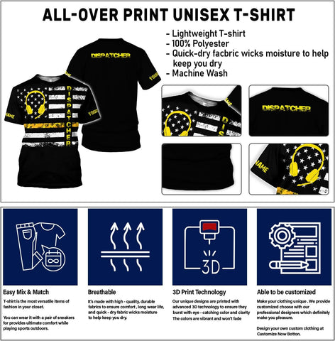 Personalized 911 Dispatcher 3D Shirt, Custom Dispatcher 3D T-Shirt, Thin Gold Line Flag 3D Shirts, Dispatcher Hoodie for Men