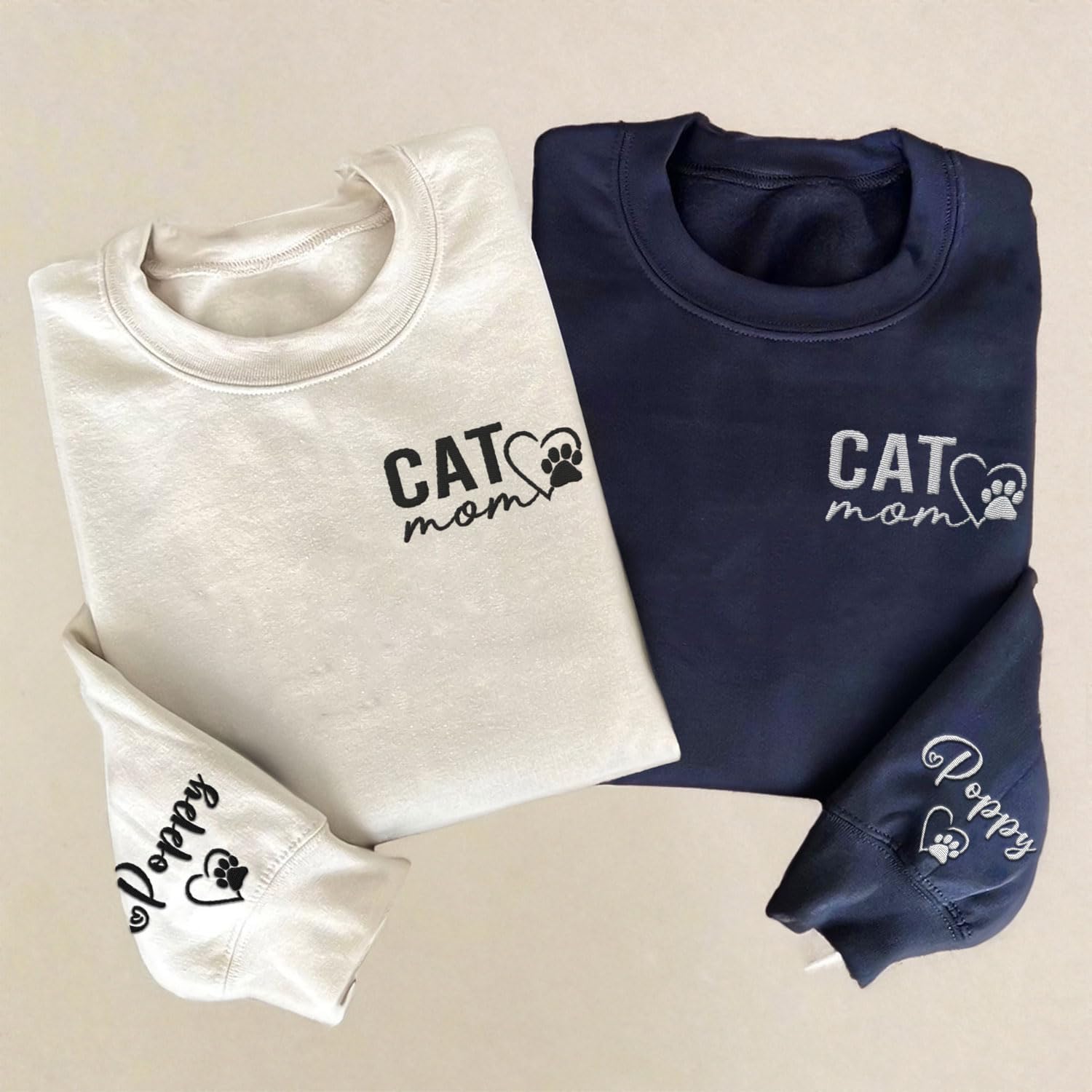 Custom Cat Mom Embroidered Sweatshirt, Personalized Cat Mom Crewneck Sweatshirt for Women, Cat Mama Shirt Gifts (Cotton, SS217)
