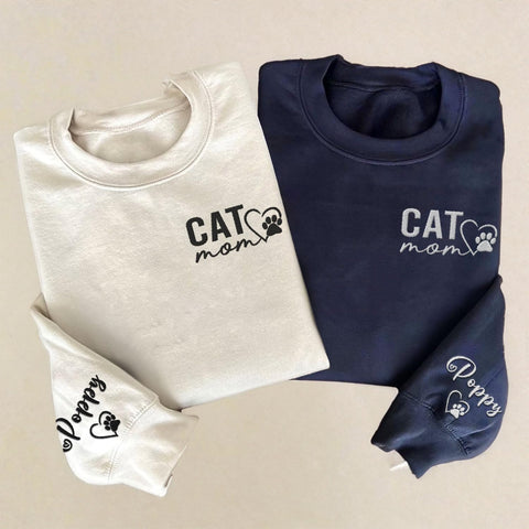 Custom Cat Mom Embroidered Sweatshirt, Personalized Cat Mom Crewneck Sweatshirt for Women, Cat Mama Shirt Gifts (Cotton, SS217)