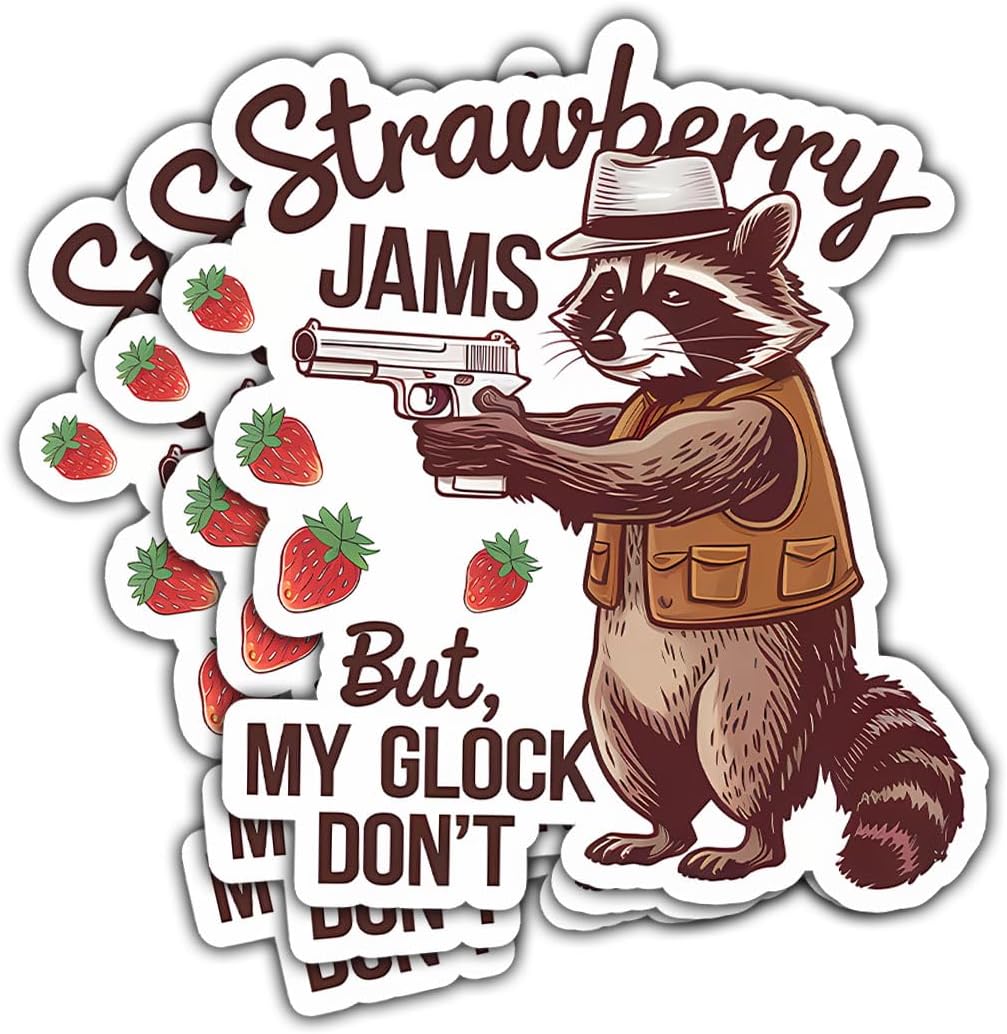 3 Pcs Strawberry Jams But My Gl**k Don't Sticker Funny Raccoon Meme Sarcastic Joke, Raccoon Bumper Sticker- Vinyl Sticker 3 Inches for Water Bottles Laptop Phone Car Window Helmet