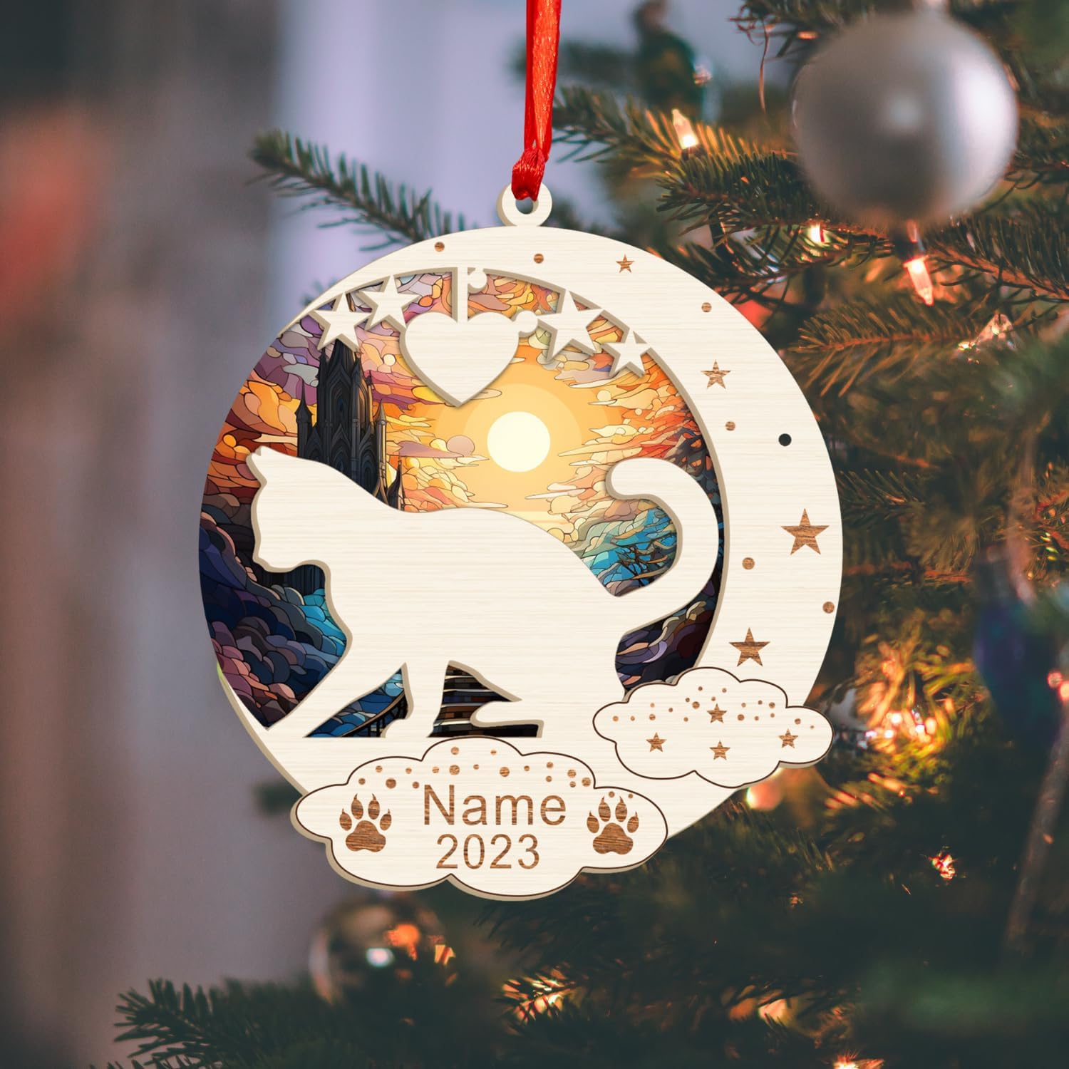 MAPrints Personalized Cat Christmas Ornaments, Cat First Christmas Suncatcher Wood Ornaments, Gifts for Cat Lovers, Cat Memorial Ornament, Forever Loved Cat Keepsake, Cat Loss Gifts (CAT 20)