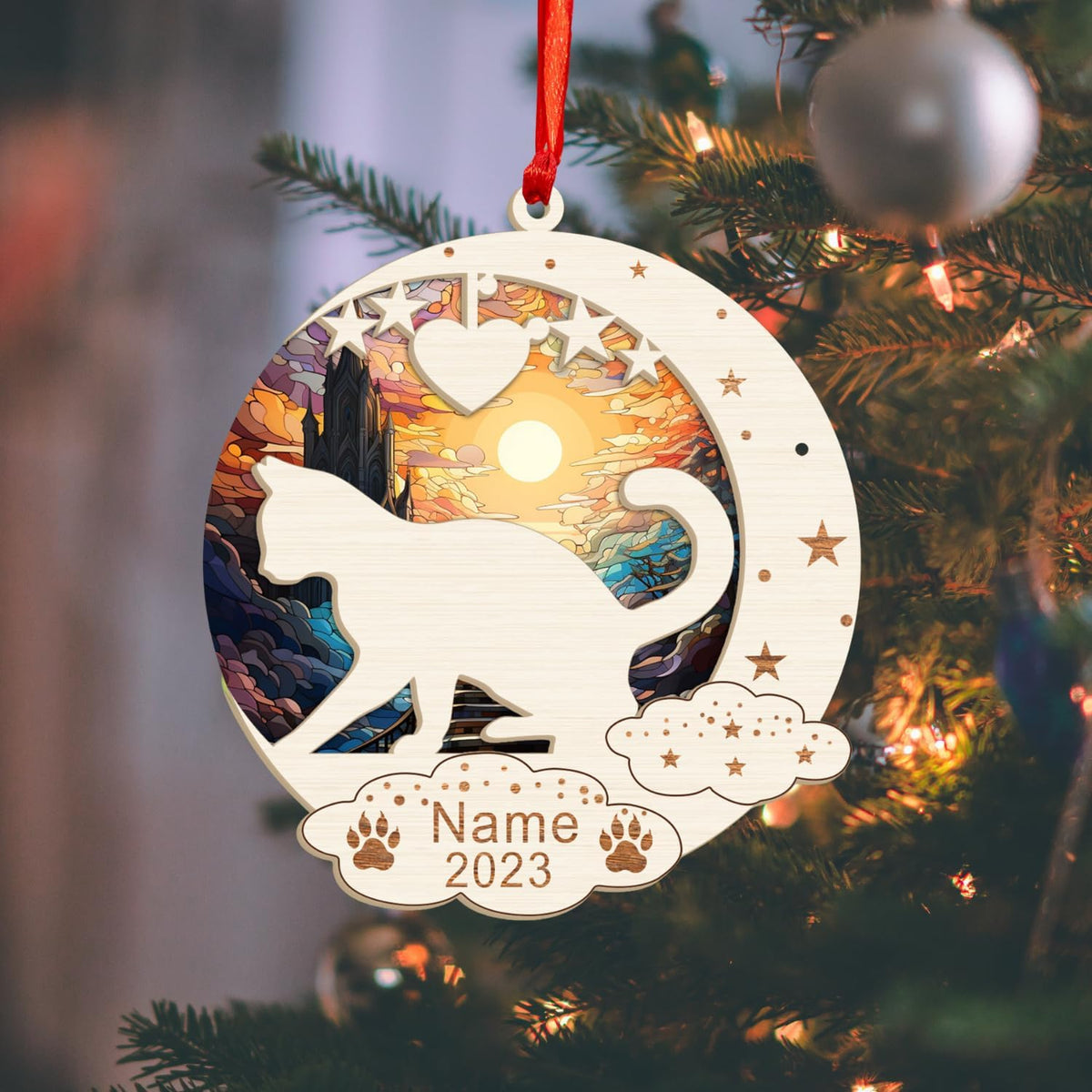 MAPrints Personalized Cat Christmas Ornaments, Cat First Christmas Suncatcher Wood Ornaments, Gifts for Cat Lovers, Cat Memorial Ornament, Forever Loved Cat Keepsake, Cat Loss Gifts (CAT 20)
