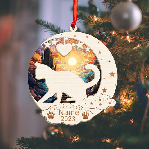 MAPrints Personalized Cat Christmas Ornaments, Cat First Christmas Suncatcher Wood Ornaments, Gifts for Cat Lovers, Cat Memorial Ornament, Forever Loved Cat Keepsake, Cat Loss Gifts (CAT 20)