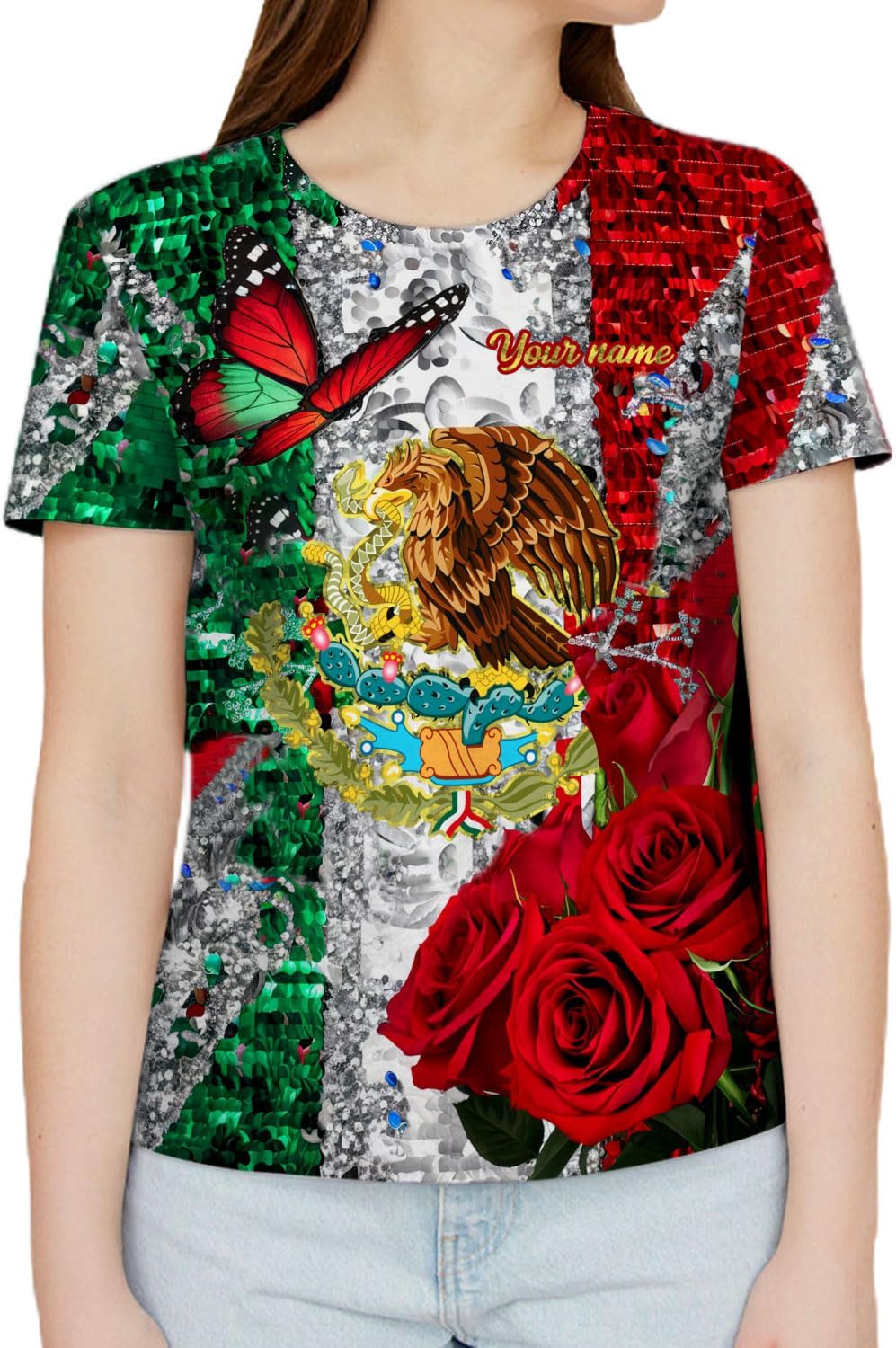 Mostprints Personalized Mexico Shirts for Women, Custom Name Mexican Shirts for Women, Mexico Shirt Flag Women Full Size New