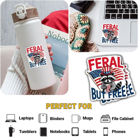 3PCS Feral But Free Raccoon Patriotic American 4th of July Sticker, Funny Raccoon Quote Vinyl Decal for Laptop, Water Bottle, Tumbler, Car – Gift for Animal Lovers, Patriot Fans