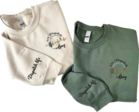 Leeprints Personalized Embroidered Dispatcher 911 Sweatshirt, Pulse Dispatch Embroider Hoodie, Thin Gold Line 911