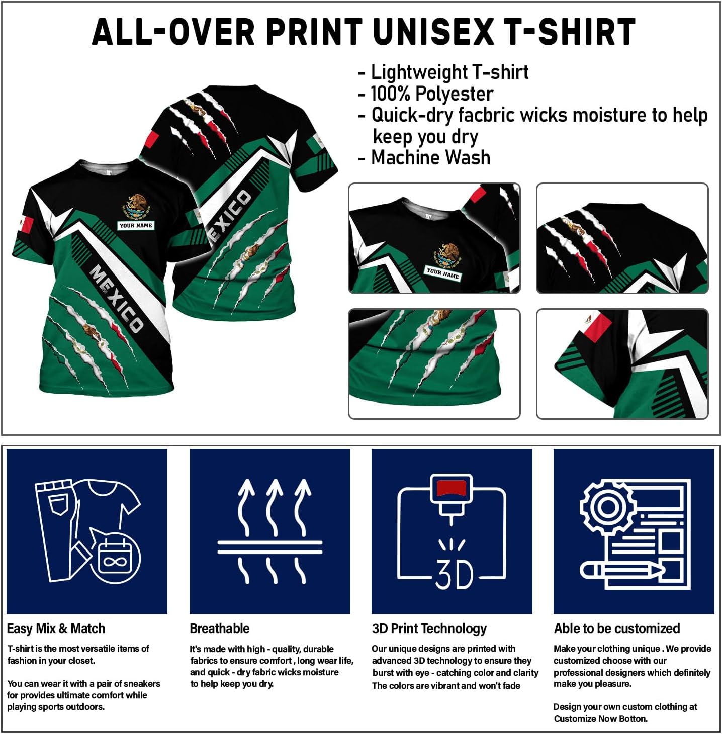 Rivelus Personalized Name Mexican Shirts for Men, Customized Mexico Shirts for Men, Mexico Shirts for Women Mexico Shirt