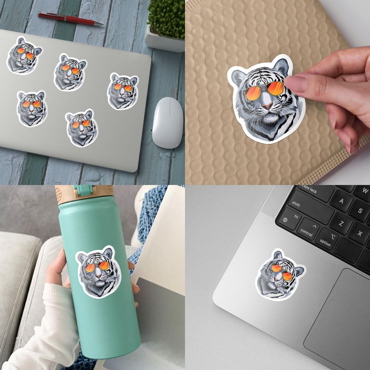 (3Pcs) Cool Animal Vinyl Sticker, Tiger Sunglasses Sticker, Tigress Decal, White Tiger's Head Bumper Sticker - Stickers for Laptop Water Bottle Car Helmet 3" (White Tiger Head)