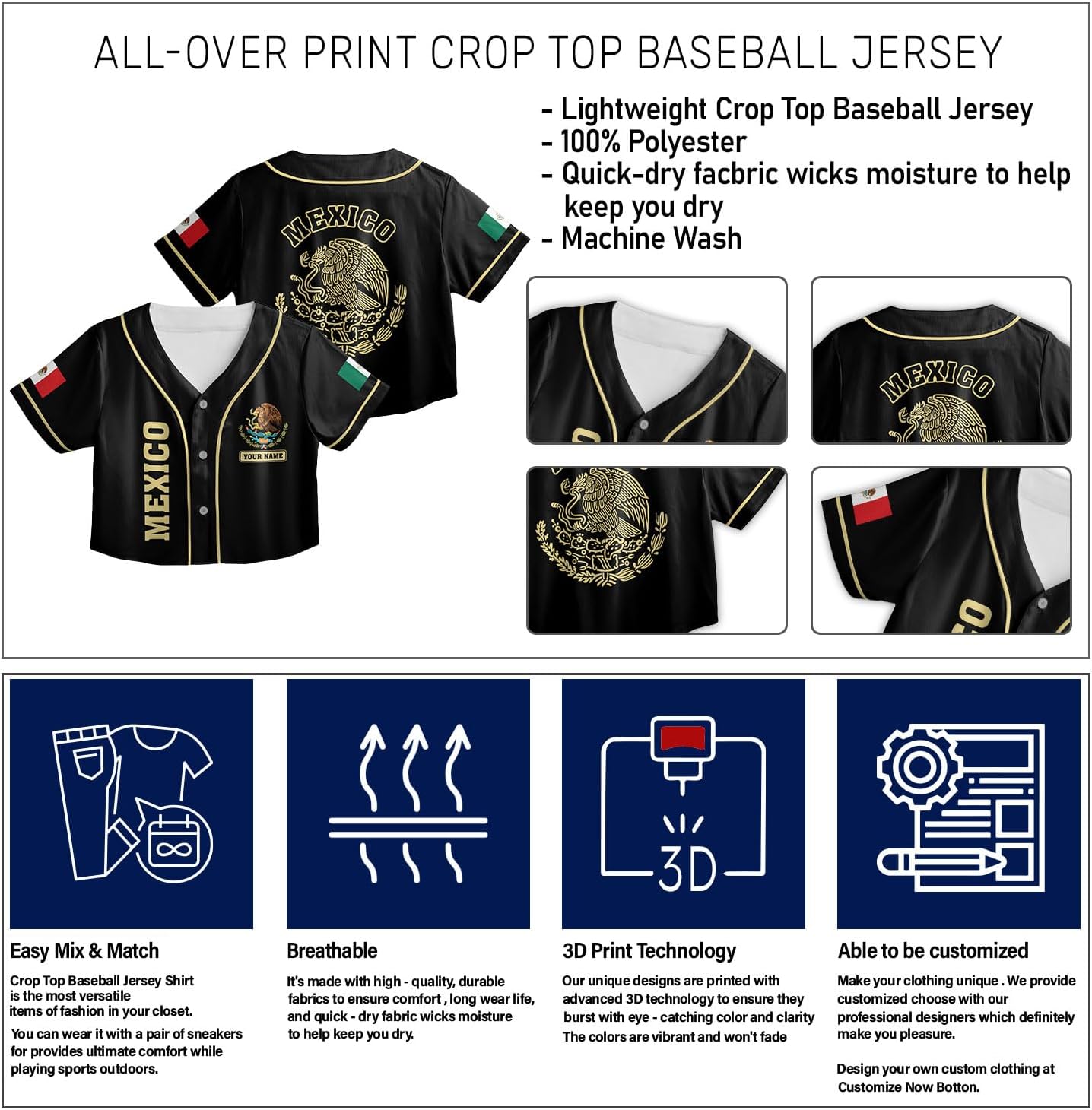 Custom Mexico Flag Crop Top Baseball Jersey Shirt Woman Playeras De Mexico 3D Personalized Mexican Jersey Shirts for Women