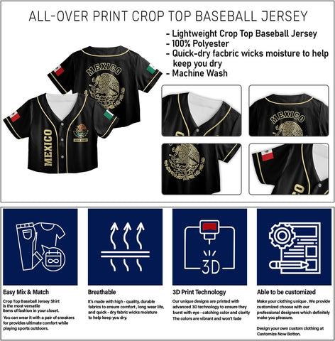 Custom Mexico Flag Crop Top Baseball Jersey Shirt Woman Playeras De Mexico 3D Personalized Mexican Jersey Shirts for Women