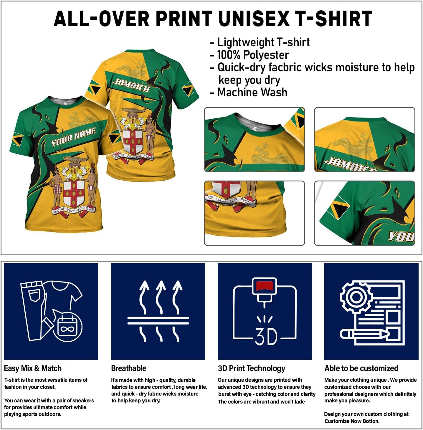 Ligthuy Personalized Jamaica Shirt 3D, Custom Jamaica Flag Lion Shirt for Men and Women, Jamaican Pride T-Shirt Unisex