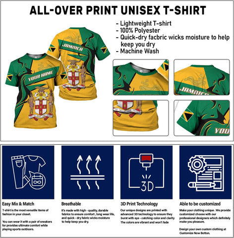 Ligthuy Personalized Jamaica Shirt 3D, Custom Jamaica Flag Lion Shirt for Men and Women, Jamaican Pride T-Shirt Unisex