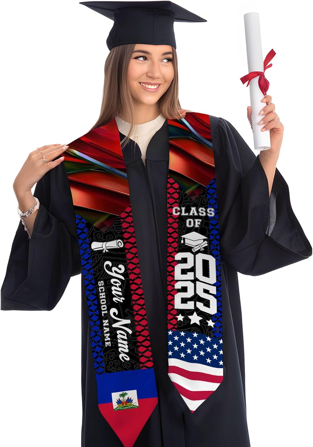Pretyprints Haitians Graduation Sash, Haiti Graduation Stole Custom, Personalized Haitians American Flag Graduation Sash 2025