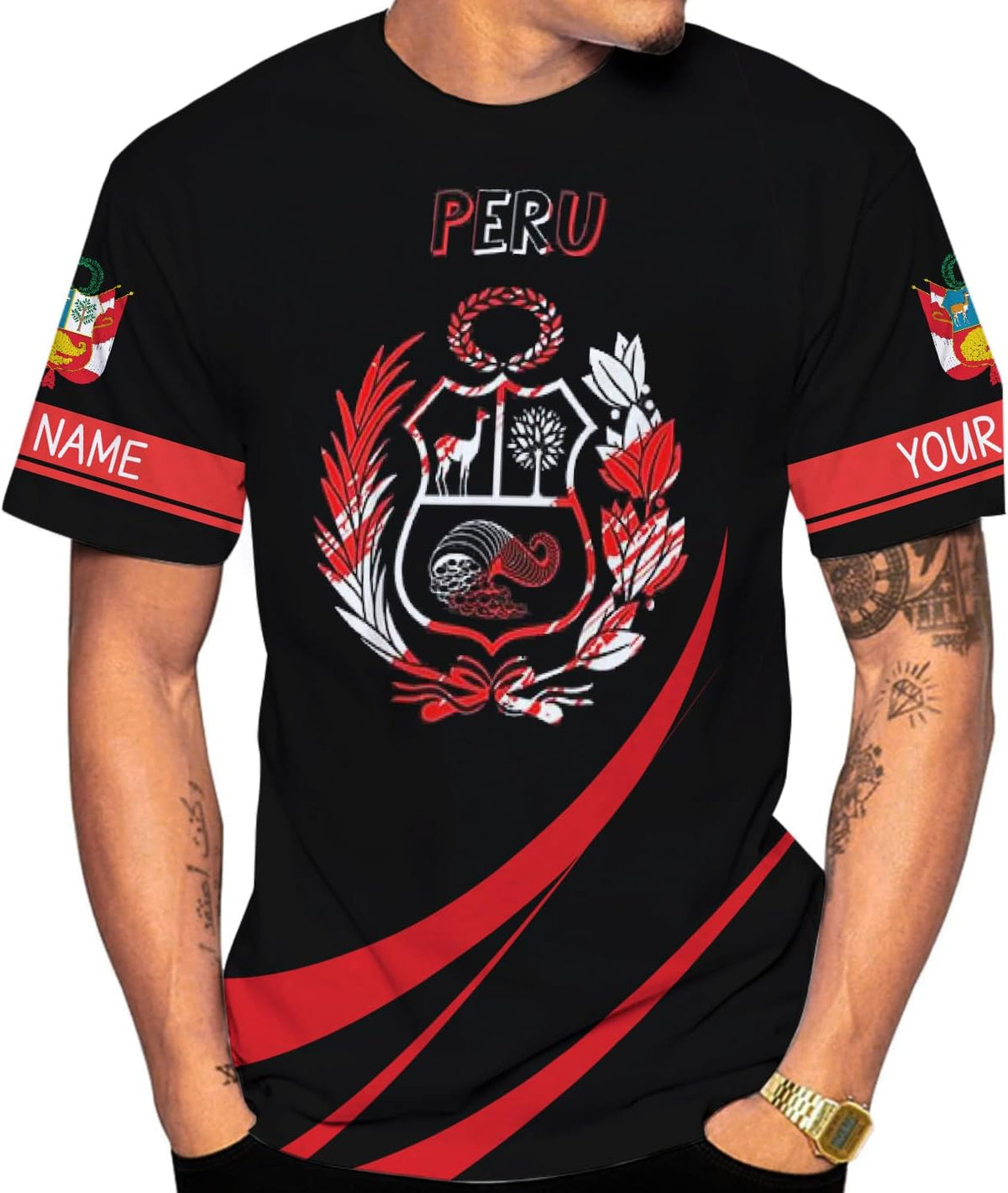 Woseprints Personalized Name Peru T-Shirts, Peru Flag Pride 3D T-Shirt for Men & Women