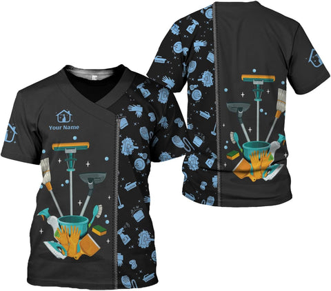 Personalized Housekeeping Shirts, Custom Cleaning Uniforms for Women 3D Cleaning Service Gifts Housekeeper Shirt Clean Lady