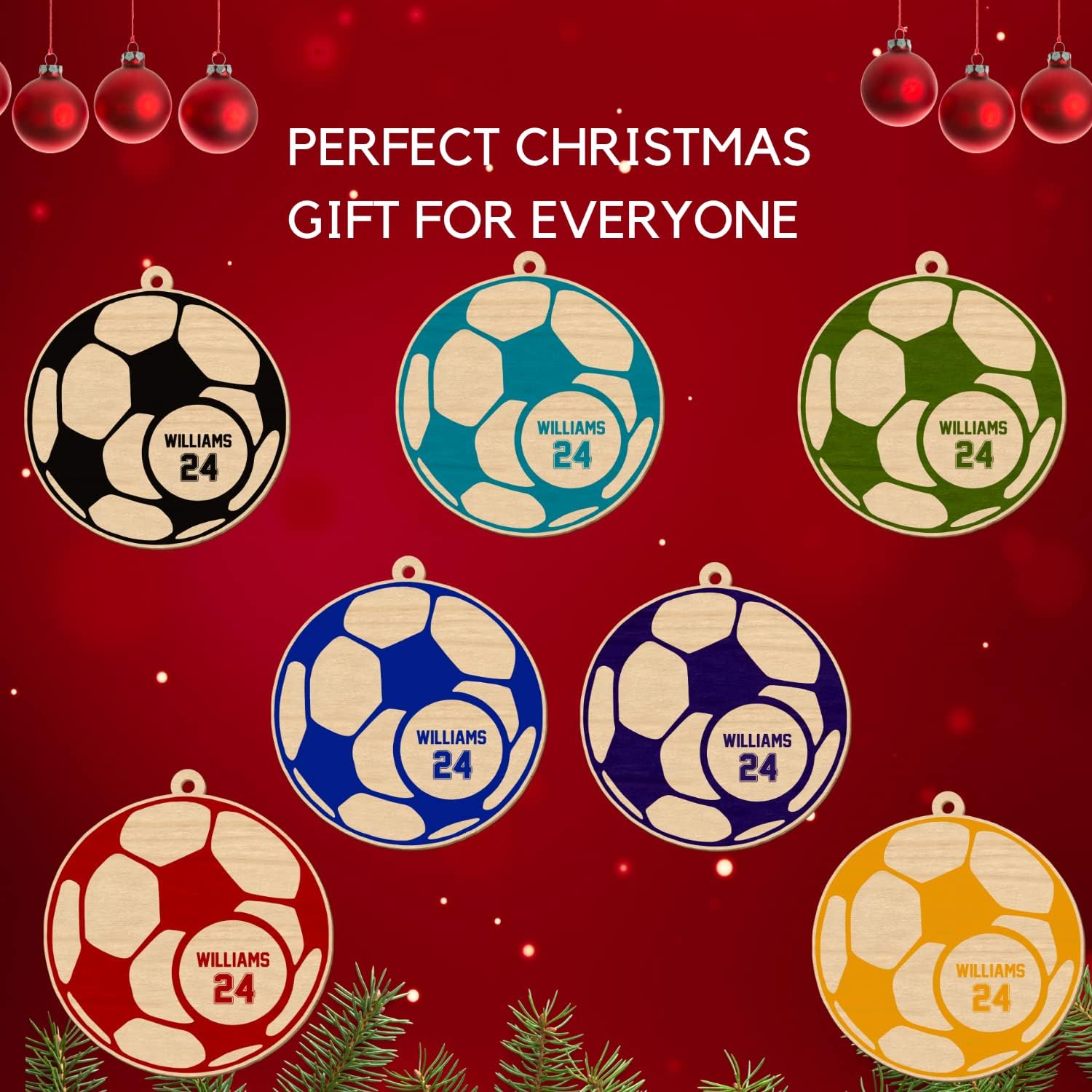 Mostprints Personalized Name and Numer Soccer Christmas Ornament 2023, Custom Soccer Ornaments for Xmas, Soccer Ornament Handmade from Wood Tree Hanging Ornament Pine Tree Decorations for Couple