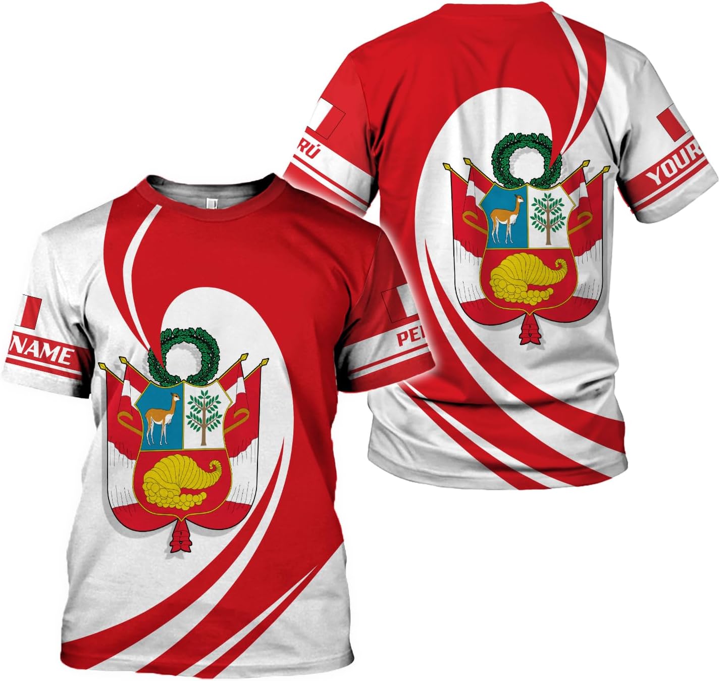 Woseprints Personalized Name Peru T-Shirts, Peru Flag Pride 3D T-Shirt for Men & Women