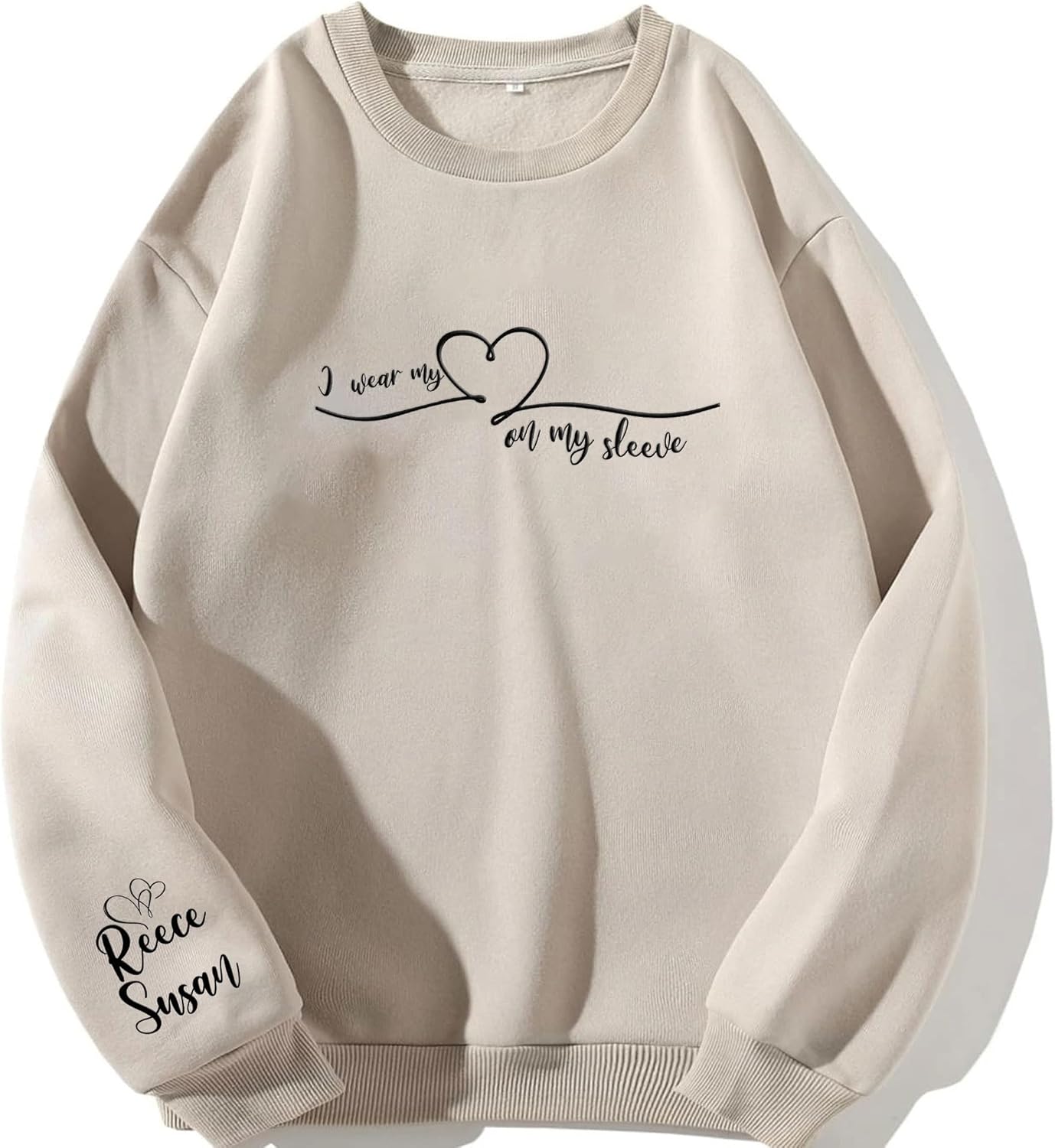 AOVL Personalized Embossed I Wear My Heart On My Sleeve Sweatshirt, Custom Mama Sweatshirt With Name On Sleeve, Gift For Mom