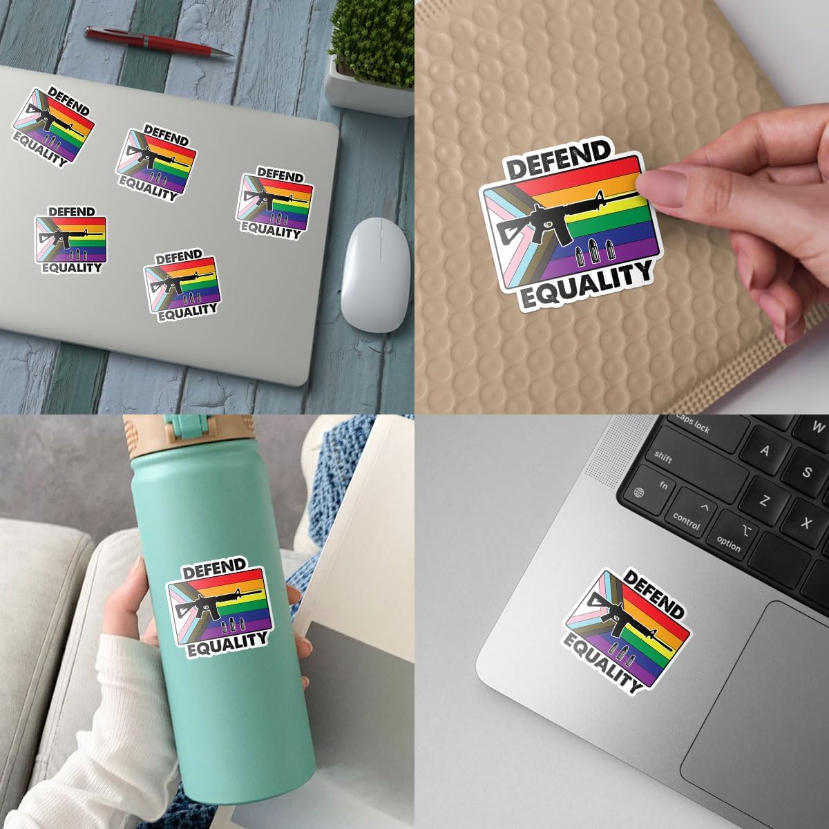 3 Pcs Defend Equality Stickers, LGBT Guns Pride Month Trans Gay, Funny G*n Sticker, Progress Pride Flag and Rifle Sticker for Water Bottle Tumbler Phone Case Laptop 3"x3"