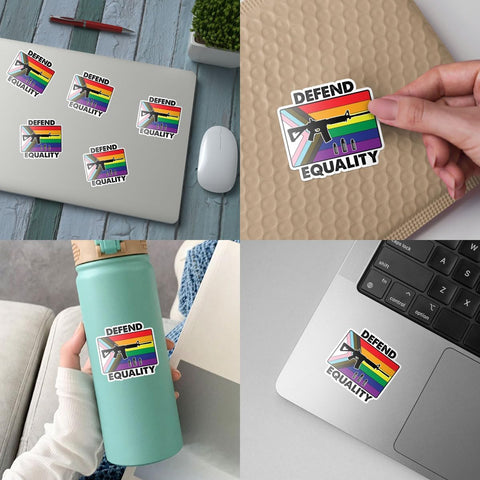 3 Pcs Defend Equality Stickers, LGBT Guns Pride Month Trans Gay, Funny G*n Sticker, Progress Pride Flag and Rifle Sticker for Water Bottle Tumbler Phone Case Laptop 3"x3"