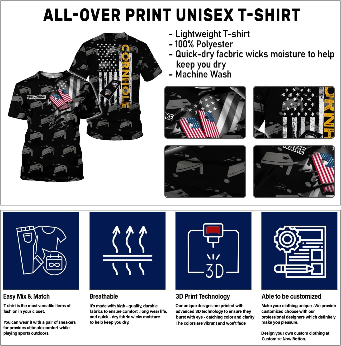 Custom 3D Cornhole T-Shirt Personalized Cornhole Team Uniform Gift for Men & Women Toss Game Board Bag Apparel