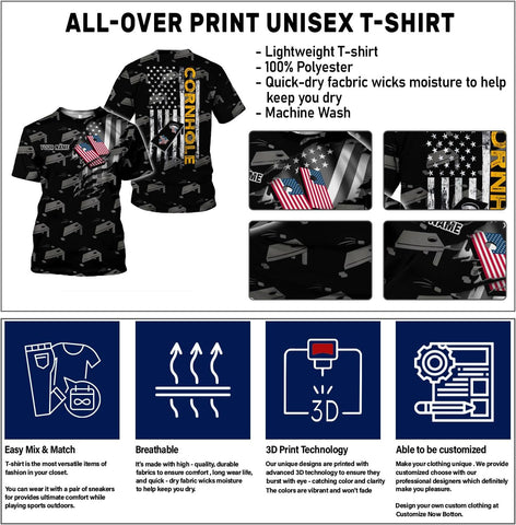 Custom 3D Cornhole T-Shirt Personalized Cornhole Team Uniform Gift for Men & Women Toss Game Board Bag Apparel