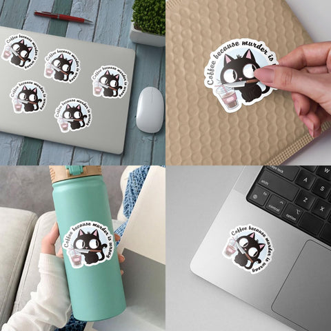 (3 Pcs) Coffee Because Murder is Wrong Cat Sticker, Funny Cat Coffee Vinyl Sticker, Waterproof Die-Cut Decal for Laptop, Water Bottle, Helmet, Car, Gifts 3"x3"