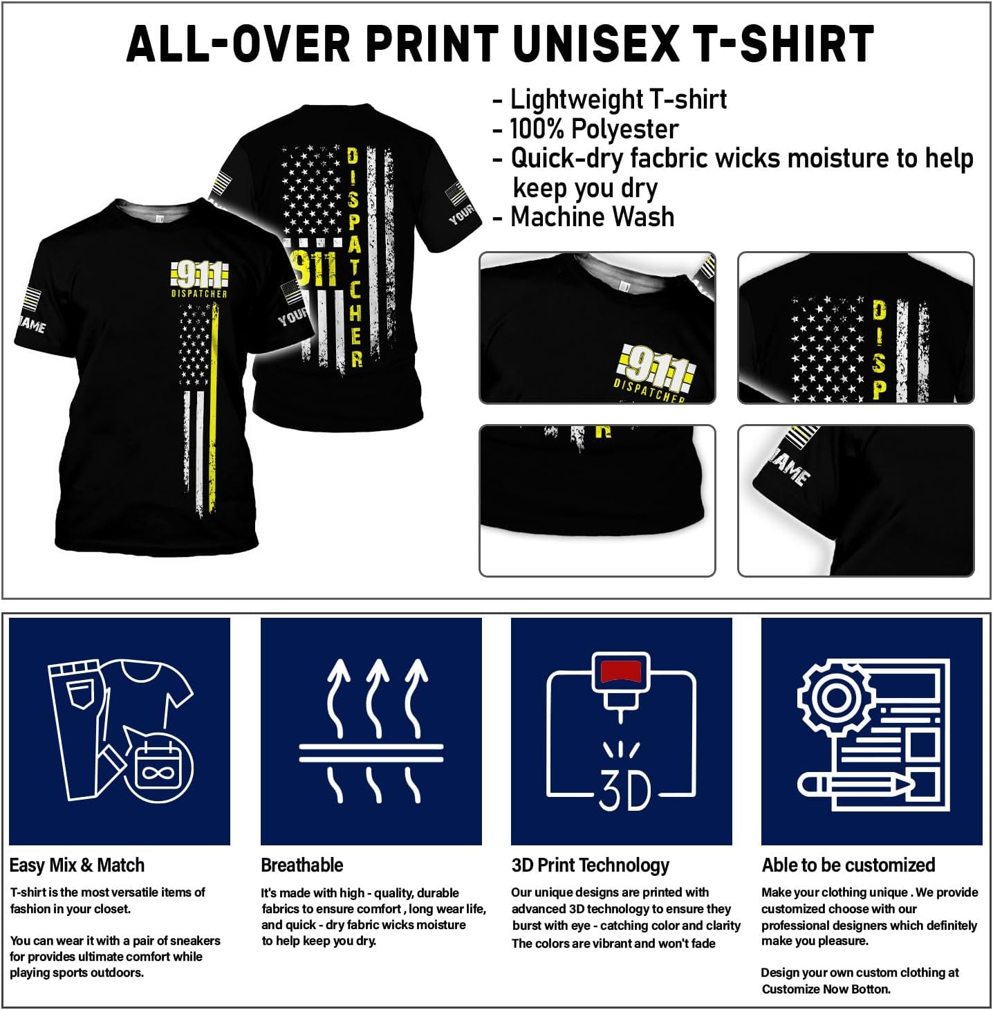 Personalized Name Dispatcher Thin Yellow Line US Flag Dispatcher T-Shirt, Custom Name Dispatcher T Shirts for Men and Women