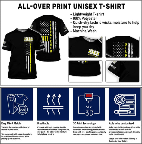 Personalized Name Dispatcher Thin Yellow Line US Flag Dispatcher T-Shirt, Custom Name Dispatcher T Shirts for Men and Women