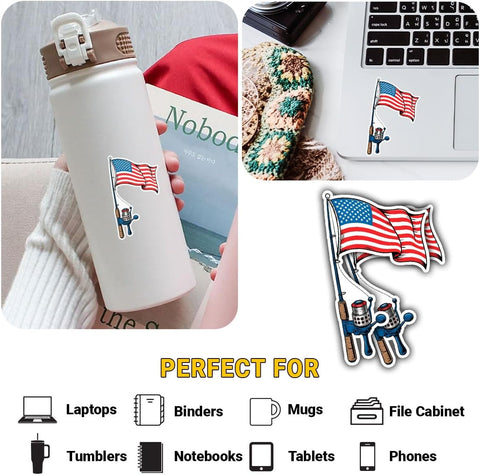 (3PCS) American Flag Fishing Rod Sticker, Patriotic Fishing Sticker for Laptop, Water Bottle, Car, Phone Case, Hard Hat Gift for Anglers & Fishermen 3 Inch