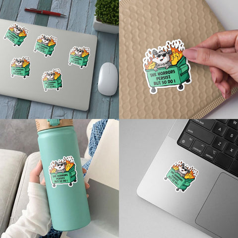 3 Pcs The Horrors Persist but So Do I Sticker, Funny Possum Horror Stickers Mental Health, The Horrors Persist but So Do I Stickers for Laptop Water Bottle Phone Car Helmet Hard Hat Gifts 3"x3"