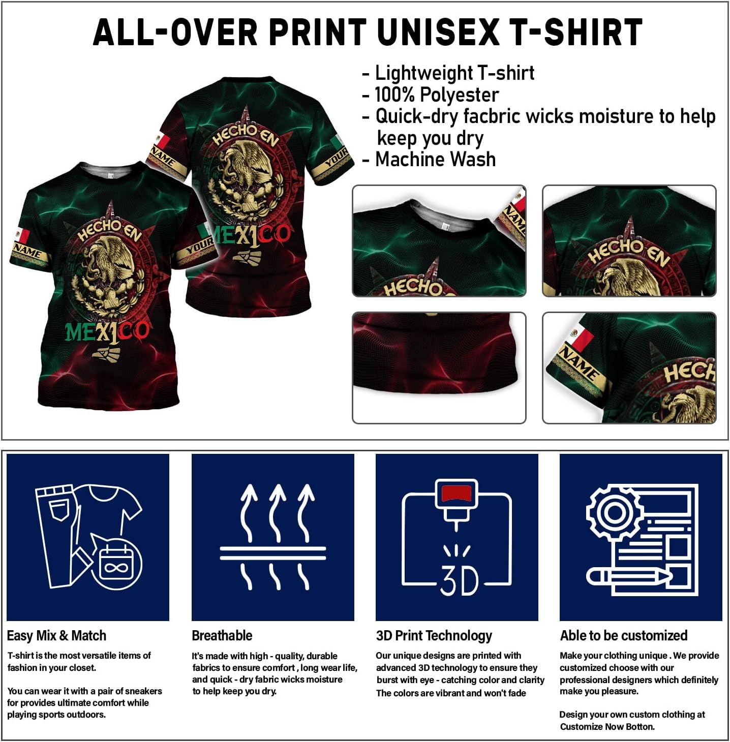 Mostefy Personalized Name Mexican Shirts 3D Customized Mexico Shirt US Flag, Mexican Shirts for Women Unisex