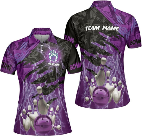 Custom 3D Bowling Polo Shirts for Women Personalized Team Name Gift Womens Customized Funny Bowling Short Sleeve Polo Shirt
