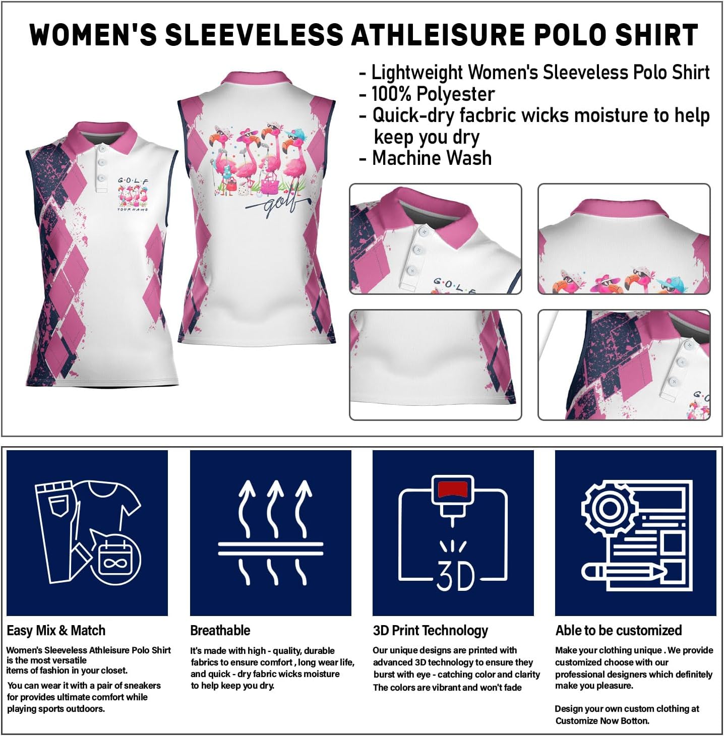 Podagree Personalized Golf Shirts for Women Sleeveless with Collar, Funny Golf Shirts for Women Ladies Sleeveless Golf Shirt