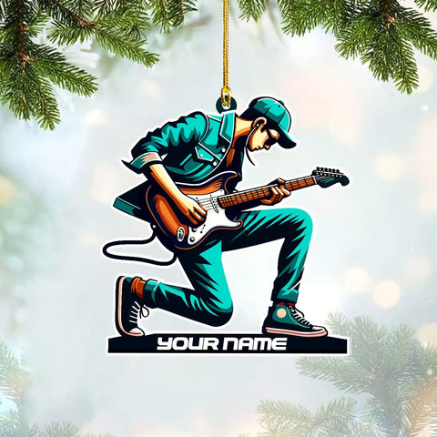 Personalized Acoustic Guitar Ornament - Guitar Christmas Plastic Wooden Ornament, Musical Instrument for Band, Red Electric Guitar Instrument, Custom Name Gift for Guitarist, Songs Music Notes (GT10)