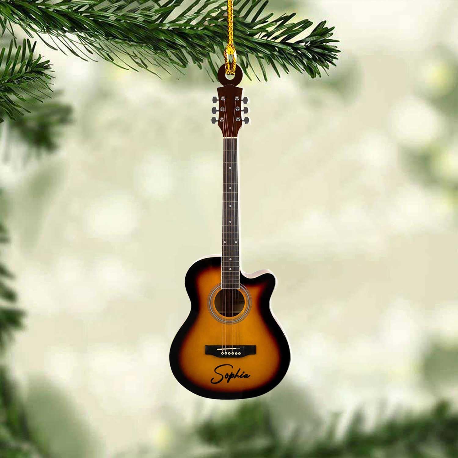 Personalized Acoustic Guitar Ornament - Guitar Christmas Plastic Wooden Ornament, Musical Instrument for Band, Red Electric Guitar Instrument, Custom Name Gift for Guitarist, Songs Music Notes (GT2)