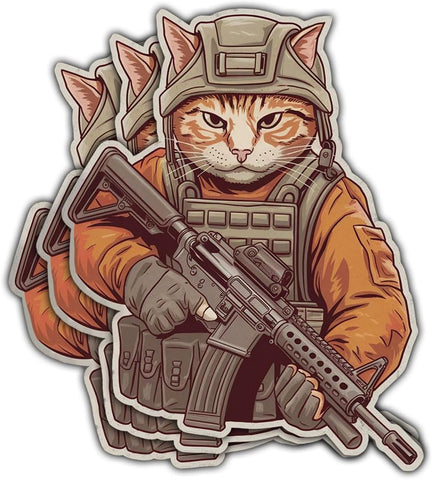 3pcs Tactical Cat Stickers, Armed Cats, Rifle-Carrying Cat, Orange, Vinyl, Waterproof, Cartoon, Stickers