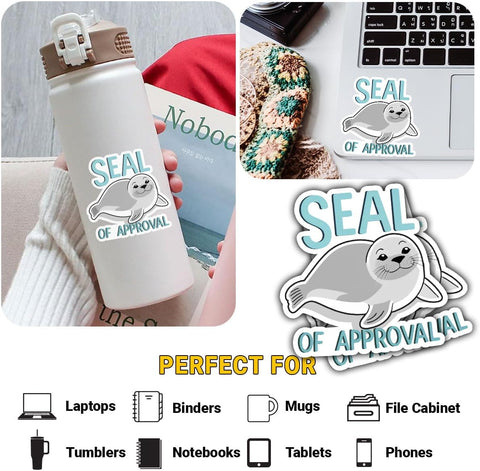 (3 Pcs) Seal of Approval Sticker – Cute Pun Animal Seal Vinyl Decal 3 inches Waterproof for Laptop, Water Bottle, Notebook, Journal, Scrapbook – Funny Gift for Students, Coworkers, Friends
