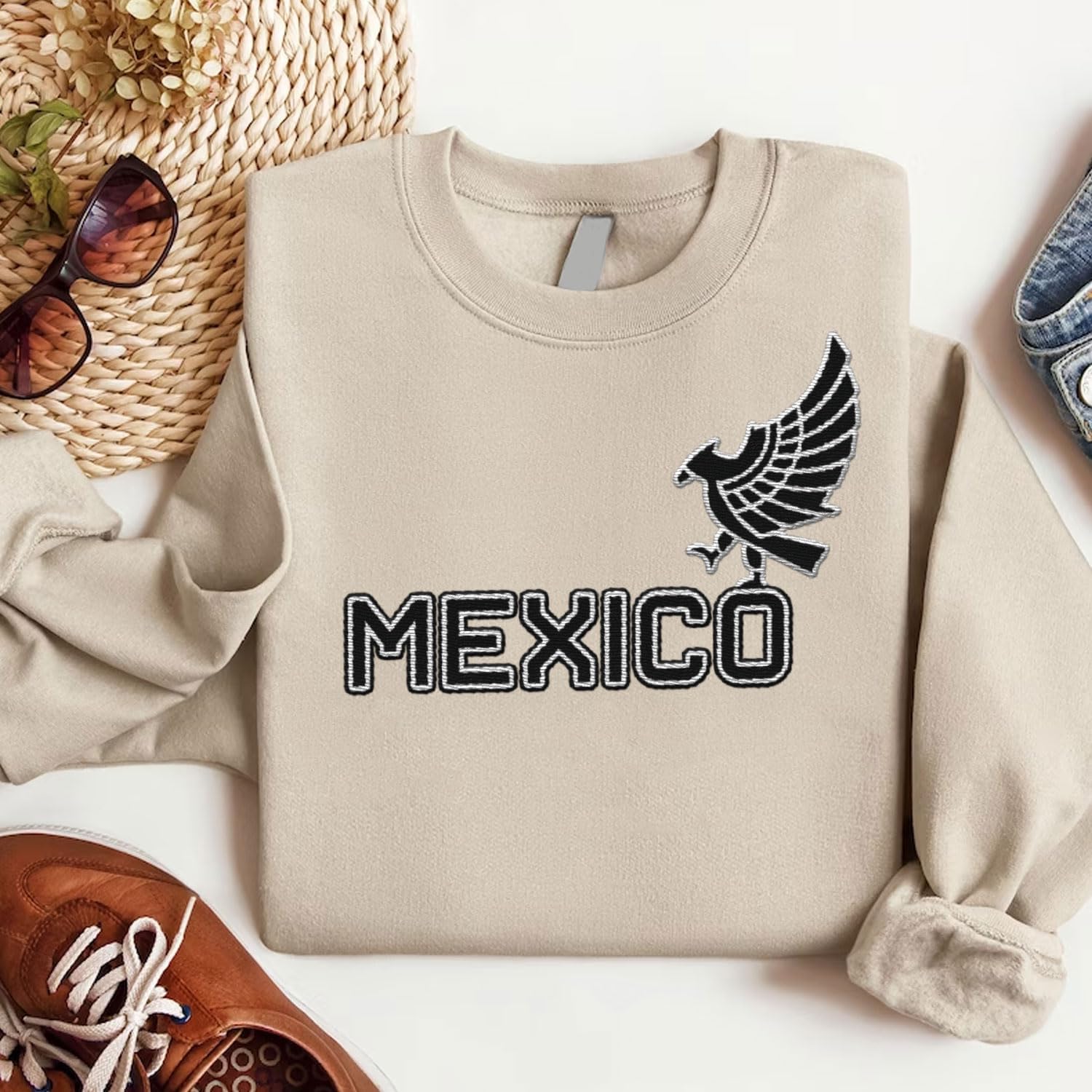 Mostprints Personalized Name Embroidered Mexico Sweatshirts, Customized Name Shirts Mexican US Flag, Mexico Hoodies Shirt