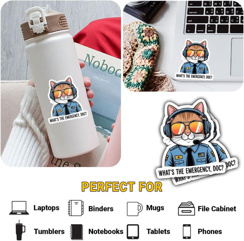3PCS What’s The Emergency Doc 3" Sticker, Cat EMT EMS Dispatcher Police Humor Design, Die Cut Waterproof Vinyl Decal for Laptop, Water Bottle, Car, Phone, Window, Notebook